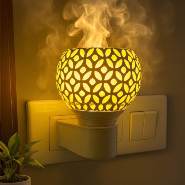 Electric flameless incense burner with resin and herbs on ceramic plate, modern design