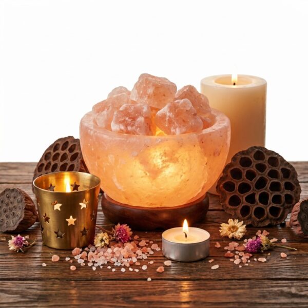 Himalayan pink salt fire bowl glowing warmly as a decorative home centerpiece